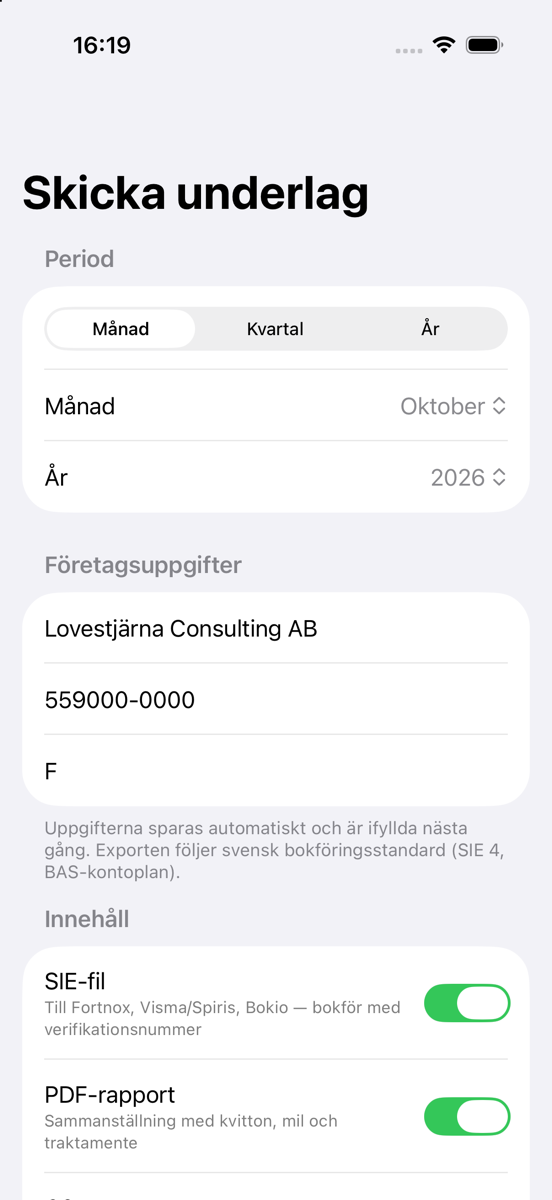 Skicka underlag: period, företagsuppgifter och val av SIE, PDF eller CSV